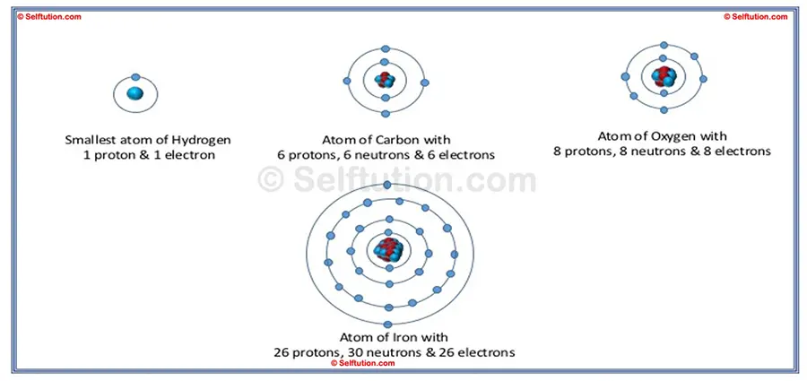 The image depicts the basic structure of hydrogen, carbon, oxygen & Iron atoms. The structure of hydrogen atom is made of one electron and one proton, only. It is the smallest atom. The carbon atom in its structure has 6 protons, 6 neutrons and 6 electrons. The atom of oxygen contains 8 protons, 8 neutrons and 8 electrons. The number of proton and neutron varies as the size of the atom grows. For example, structure of iron, atom possesses 26 protons, 30 neutrons, and 26 electrons.