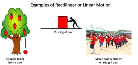 Types of rectilinear or linear motion with examples - an apple falling from a tree, pushing off a box on a plane surface, march past by students on a straight path. The linear translatory motion or rectilinear motion are just another name of linear motion. Thus examples of linear motion are examples of linear translatory motion or rectilinear motion.