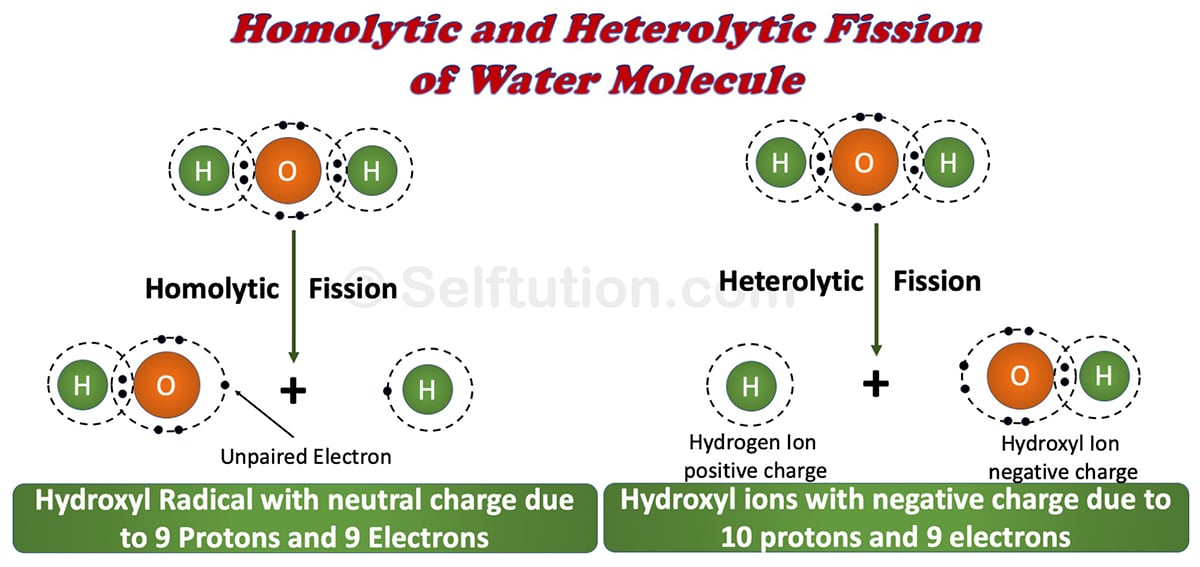 Homolytic and heterolytic fission of water molecules to form hydroxyl radicals and hydroxyl ions, respectively