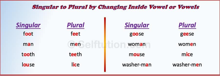 Rules and Examples for Singular to Plural Nouns by replacing inside vowel or vowels