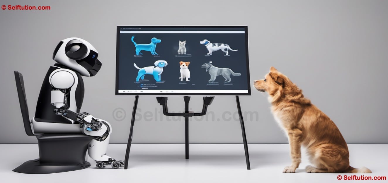 AI & ML Example - Robot viewing digital screen to learn how to differentiate between cats and dogs