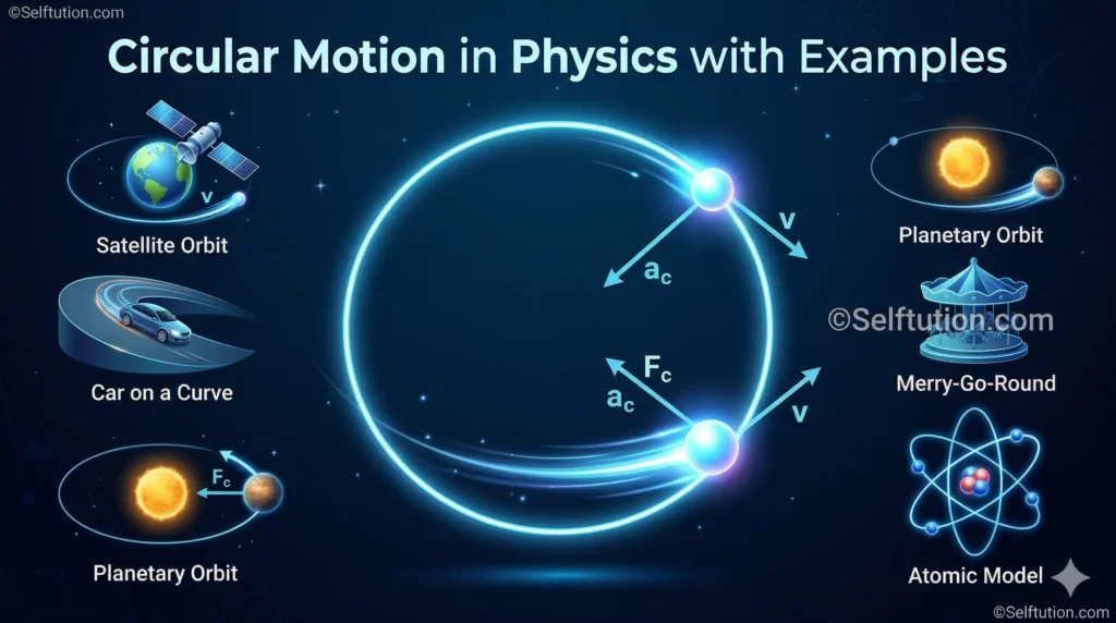 Circular Motion in Physics with Examples feature banner showing an orbiting particle