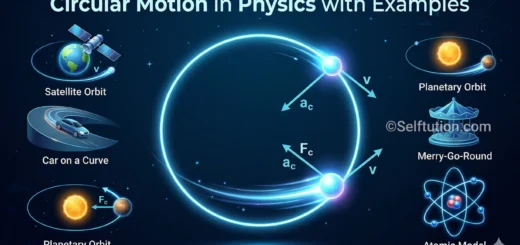 Circular Motion in Physics with Examples feature banner showing an orbiting particle
