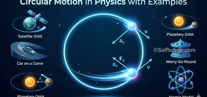 Circular Motion in Physics with Examples feature banner showing an orbiting particle