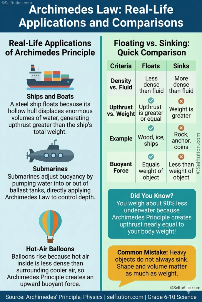 Archimedes Law real-life applications infographic comparing floating objects and showing buoyancy in ships, balloons, and submarines