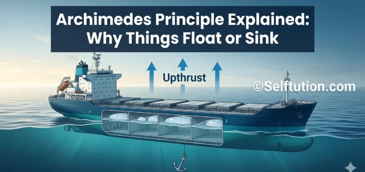 Archimedes Principle hero image showing a ship floating on water with upthrust arrows and blog title embedded