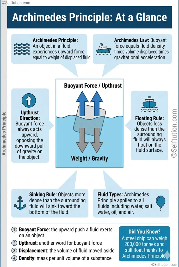 Archimedes Principle overview infographic showing buoyant force, upthrust, and fluid displacement for students