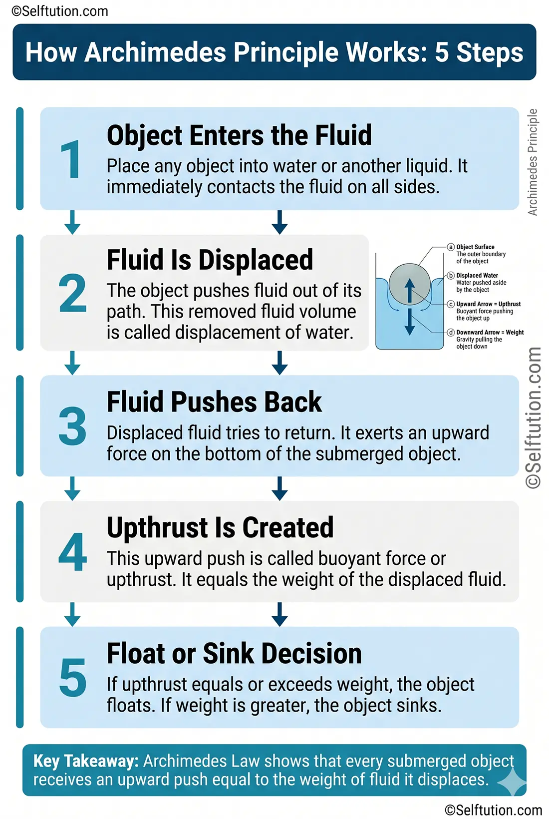 Archimedes Principle step-by-step process infographic showing 5 stages of buoyant force for Grade 6 to 10