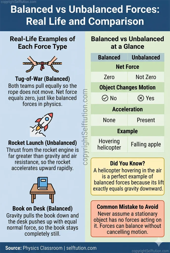 Balanced and unbalanced forces real-life examples and comparison table infographic for Grade 6-10 students 
