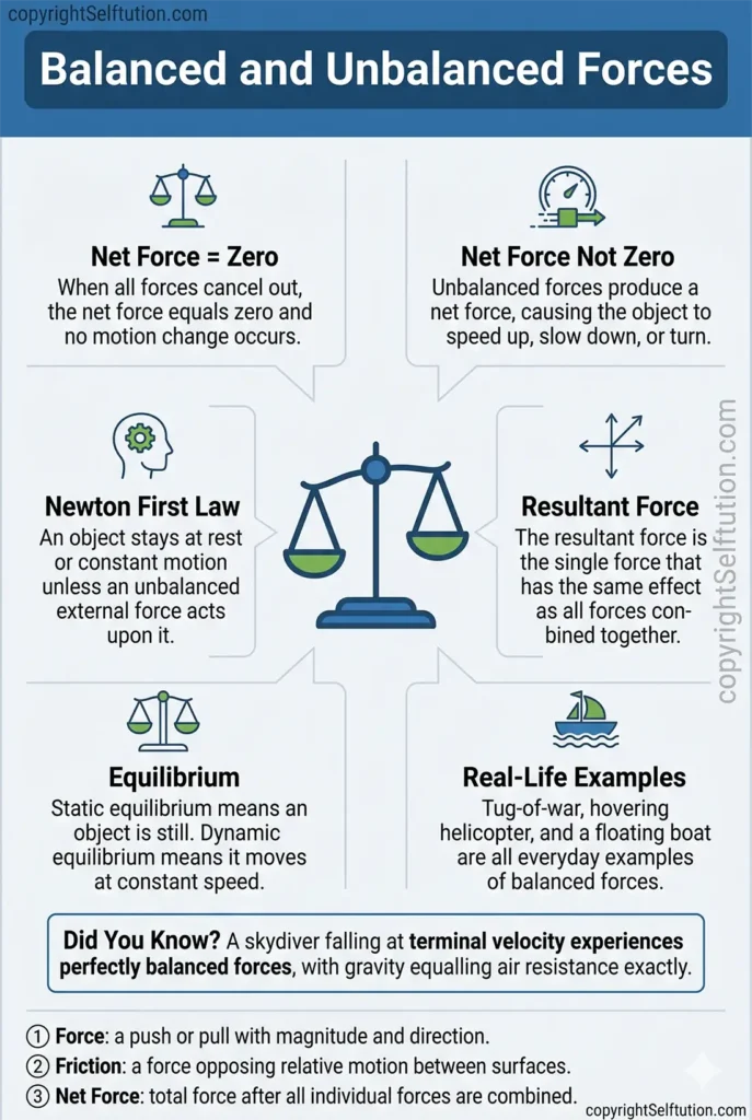 Balanced and unbalanced forces overview infographic showing net force, equilibrium, and Newton's first law 