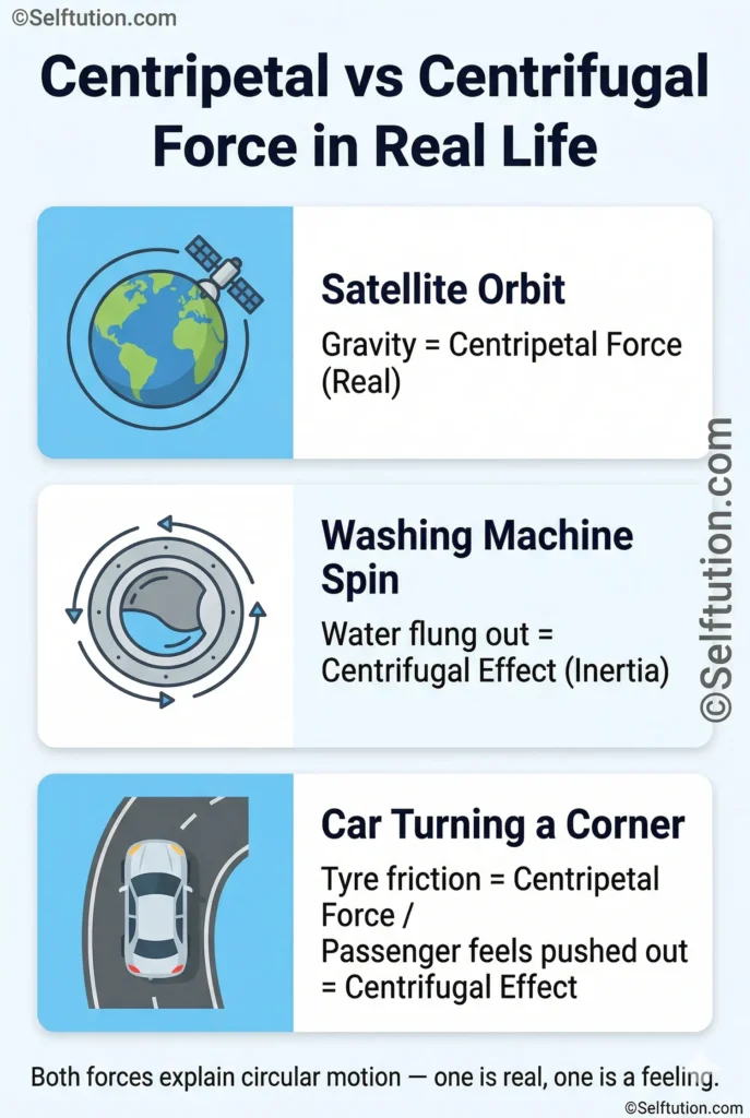 Centripetal vs centrifugal force real-life applications infographic showing satellite orbit, washing machine spin, and car turning examples