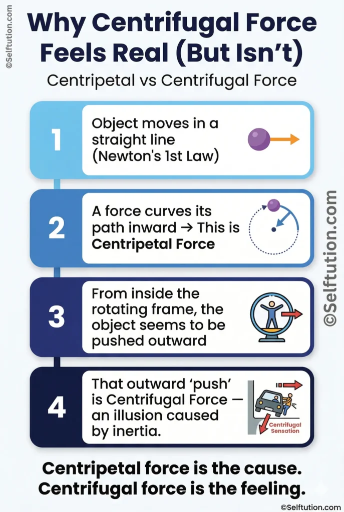 Centripetal vs centrifugal force mechanism infographic showing step-by-step how inertia creates the fictitious centrifugal effect