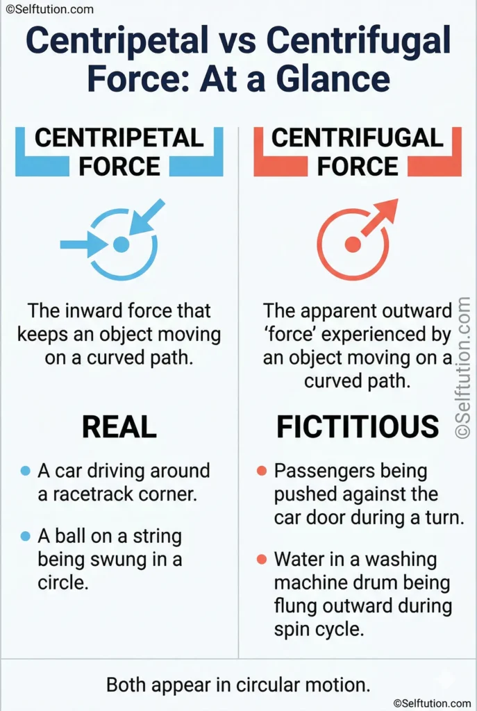 Centripetal vs centrifugal force overview infographic comparing real vs fictitious force with definitions and examples