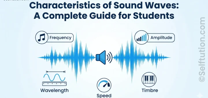Characteristics of Sound Waves illustrated with frequency, amplitude, wavelength, speed and timbre icons in an educational banner