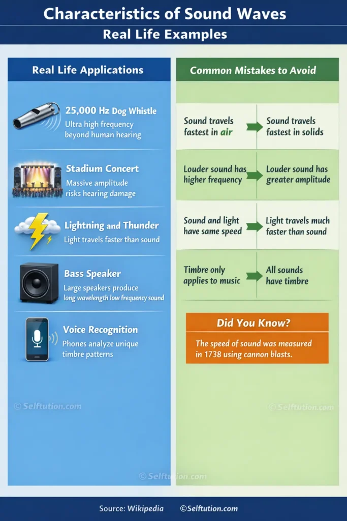 Infographic comparing real-life applications and common misconceptions about characteristics of sound waves for Grade 6-10 students