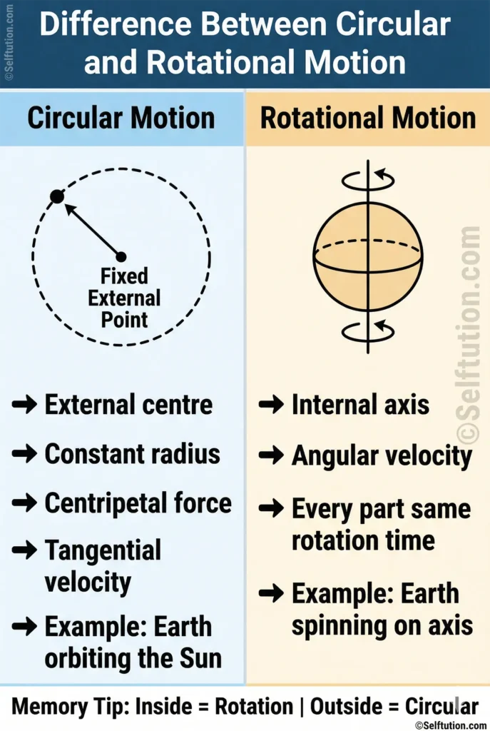 Infographic showing key difference between circular and rotational motion with diagrams and bullet points