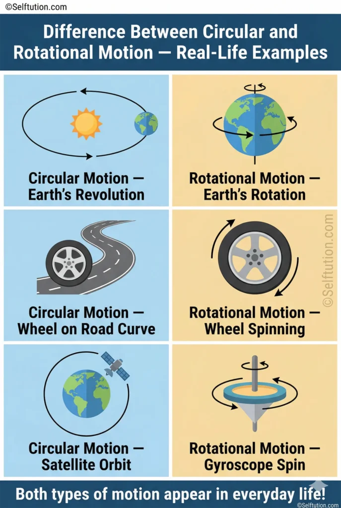 Infographic comparing real-life examples of circular and rotational motion including Earth, wheels, and satellites