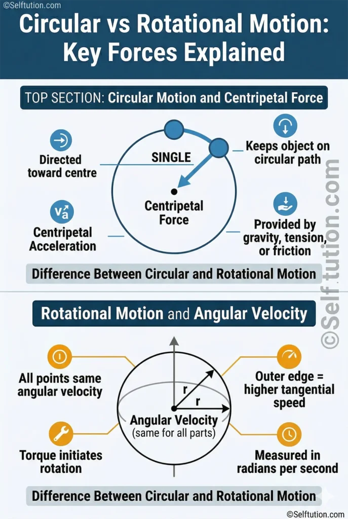 Infographic explaining centripetal force in circular motion and angular velocity in rotational motion with diagrams