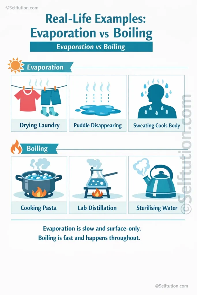 Evaporation vs Boiling real-life examples infographic showing drying laundry, puddles, sweating, cooking and distillation
