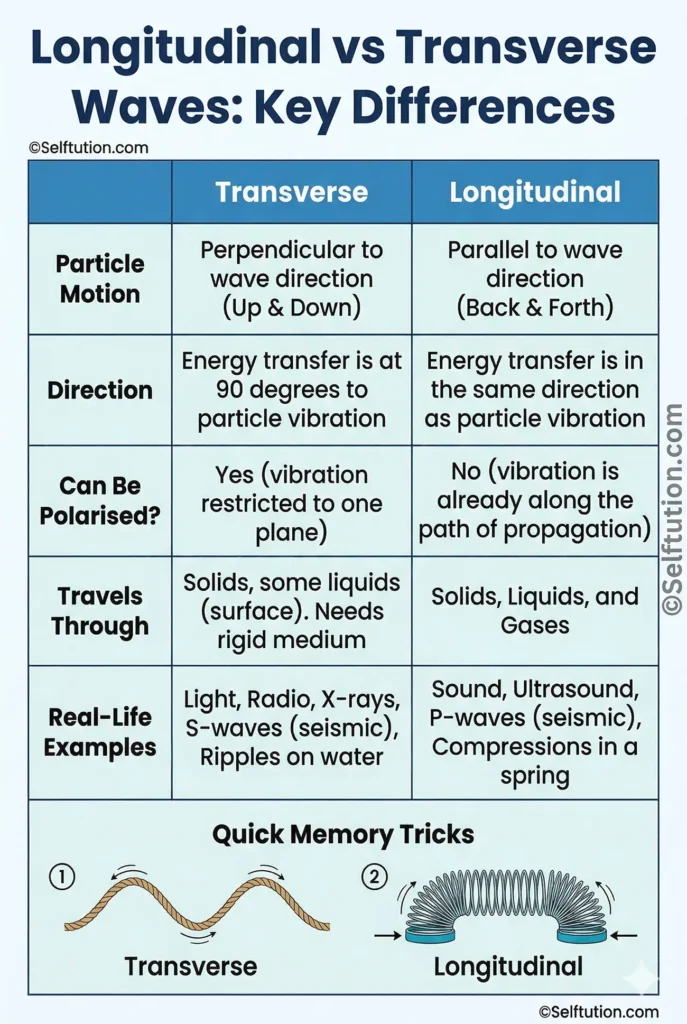 Longitudinal vs transverse waves side-by-side comparison infographic for students