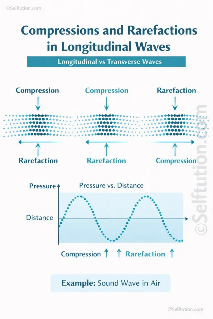 Longitudinal vs transverse waves diagram showing compressions and rarefactions in sound wave