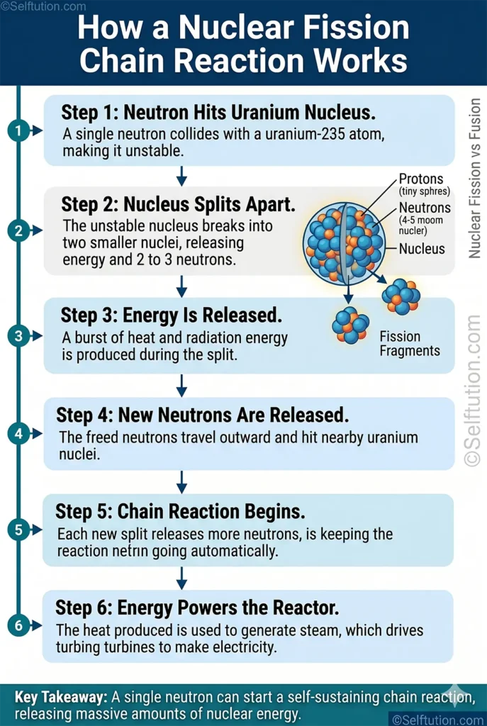 Nuclear fission chain reaction step-by-step process infographic for students