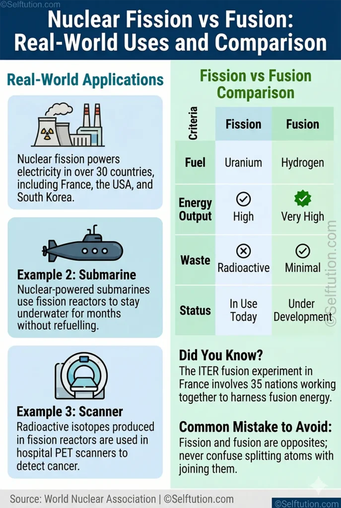 Nuclear fission vs fusion real-world applications and comparison infographic 