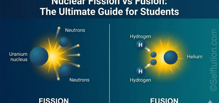 Nuclear fission vs fusion illustrated educational hero image for students