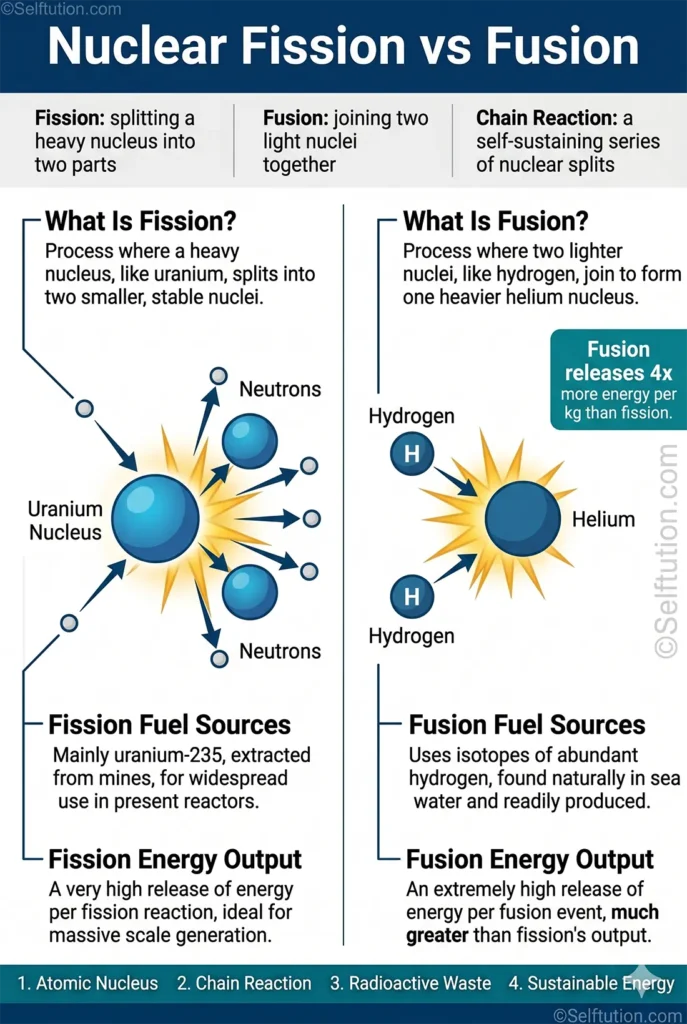 Nuclear fission vs fusion overview infographic showing key concepts for grades 6-10 