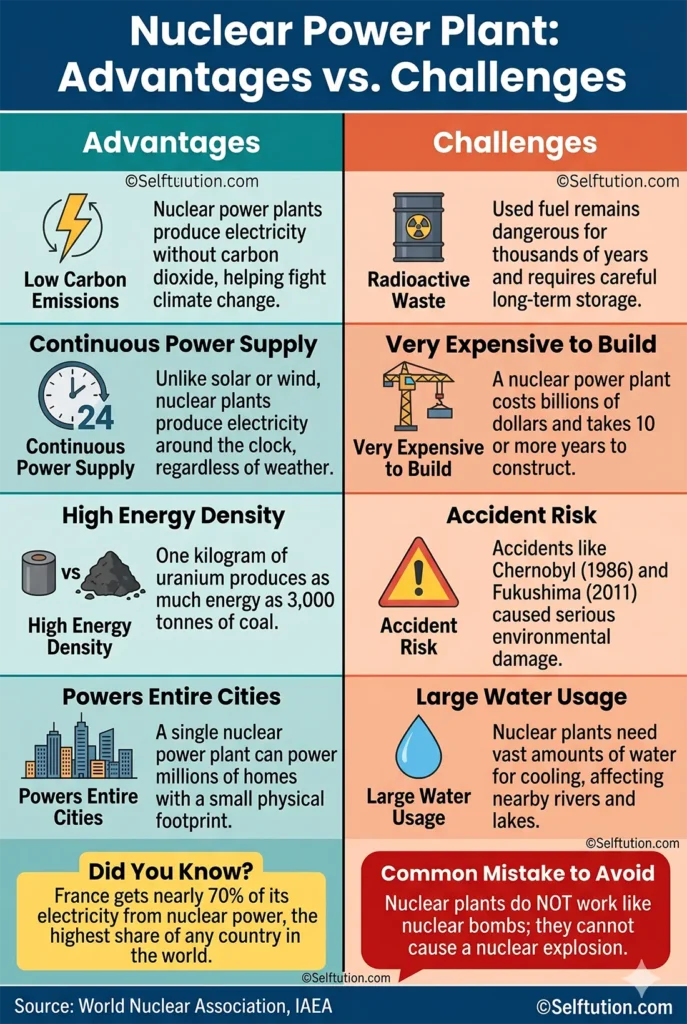 Nuclear power plant advantages and challenges split-panel comparison infographic with real-world examples for students 
