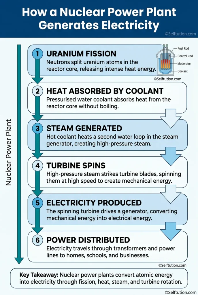 Nuclear power plant overview infographic showing 6 key components with facts and definitions for students