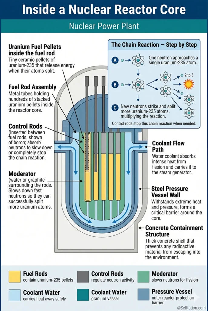 Annotated cross-section infographic showing inside a nuclear reactor core with fuel rods, control rods, chain reaction, and coolant flow