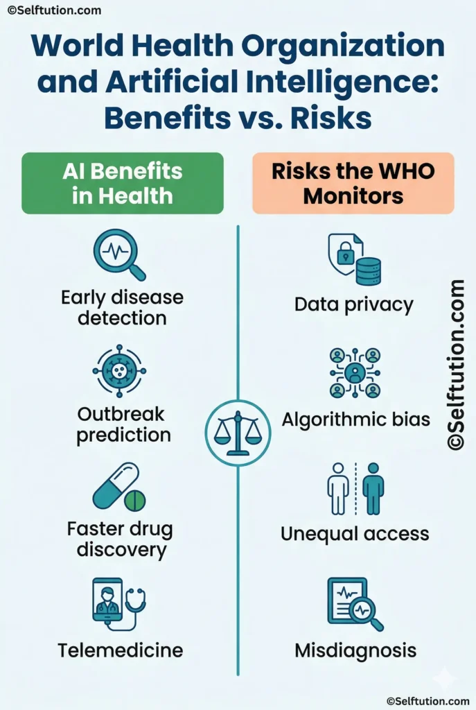 World Health Organization and artificial intelligence infographic comparing AI health benefits and risks monitored by WHO