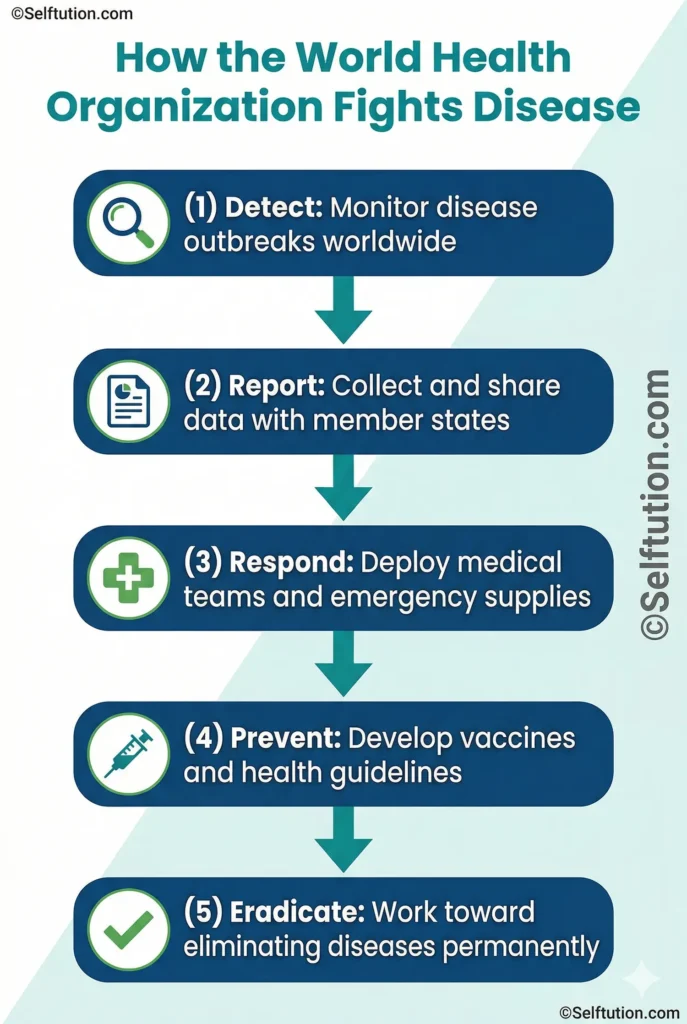 World Health Organization disease prevention process infographic showing 5 steps from detection to eradication for students