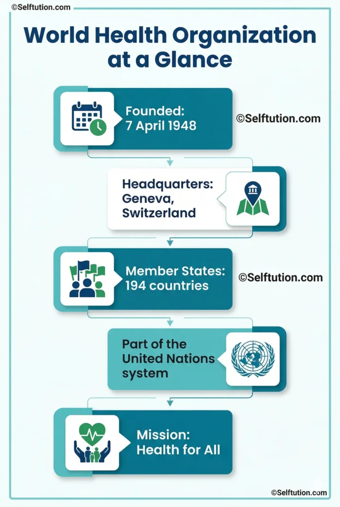 World Health Organization overview infographic showing founding date, member states, headquarters, and mission for students